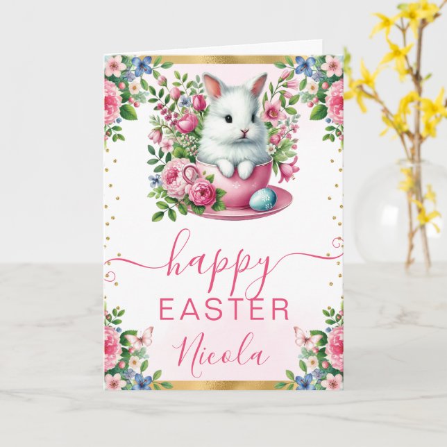 Tarjeta Conejo de Acuarela Flores de Primavera Feliz Pascu (flor amarilla)