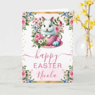 Tarjeta Conejo de Acuarela Flores de Primavera Feliz Pascu