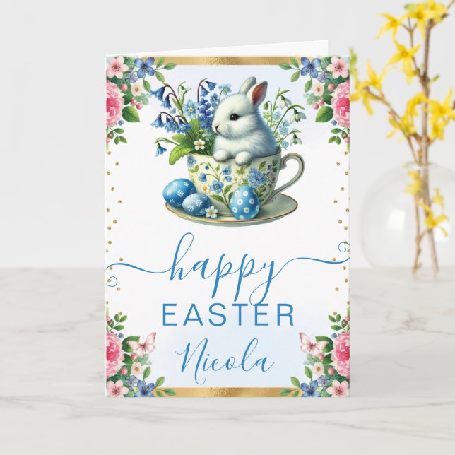 Tarjeta Conejo de Acuarela Flores de Primavera Feliz Pascu (flor amarilla)