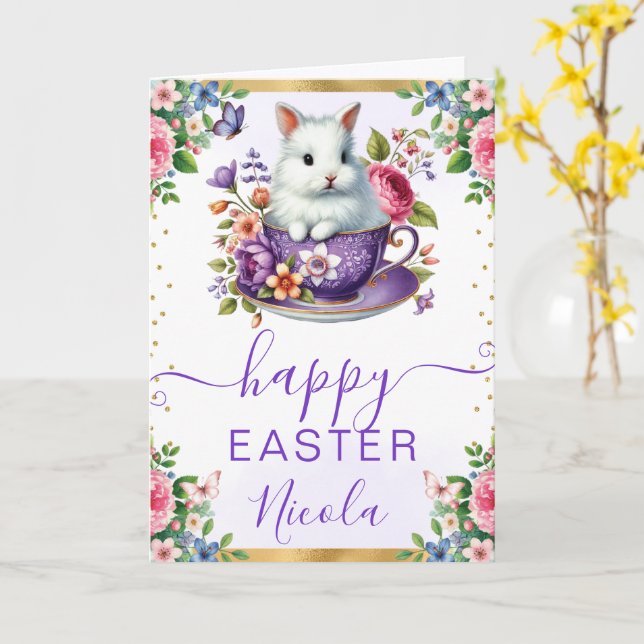 Tarjeta Conejo de Acuarela Flores de Primavera Feliz Pascu (flor amarilla)