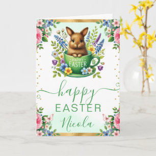 Tarjeta Conejo de Acuarela Flores de Primavera Feliz Pascu