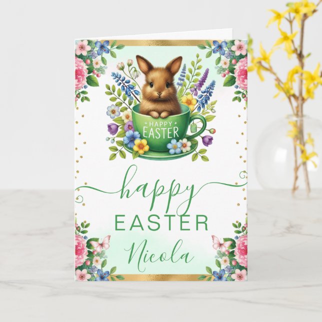 Tarjeta Conejo de Acuarela Flores de Primavera Feliz Pascu (flor amarilla)
