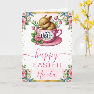 Tarjeta Conejo de acuarela Flores de primavera Feliz Pascu