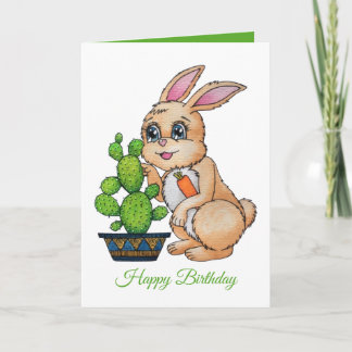 Tarjeta Conejo De Acuarela Y Cactus Cute