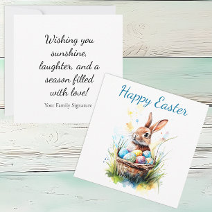 Tarjeta Conejo de acuarela y canasta de Pascua
