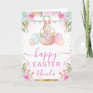Tarjeta Conejo de Acuarela y Flores Felices Pascuas