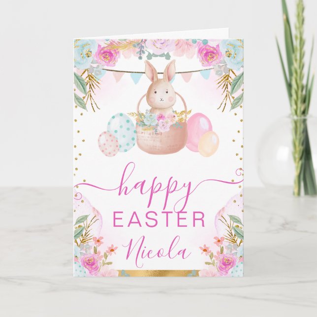 Tarjeta Conejo de Acuarela y Flores Felices Pascuas (Anverso)