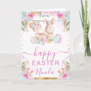 Tarjeta Conejo de Acuarela y Flores Feliz Pascua