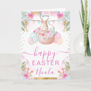 Tarjeta Conejo de Acuarela y Flores Feliz Pascua