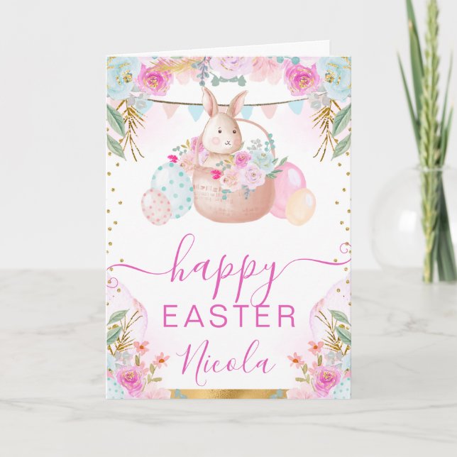 Tarjeta Conejo de Acuarela y Flores Feliz Pascua (Anverso)