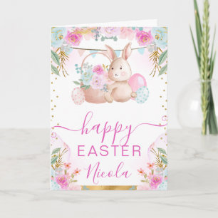 Tarjeta Conejo de Acuarela y Flores Feliz Pascua