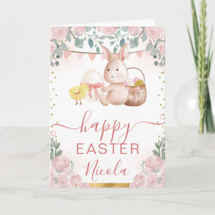 Tarjeta Conejo de acuarela y flores Feliz Pascua