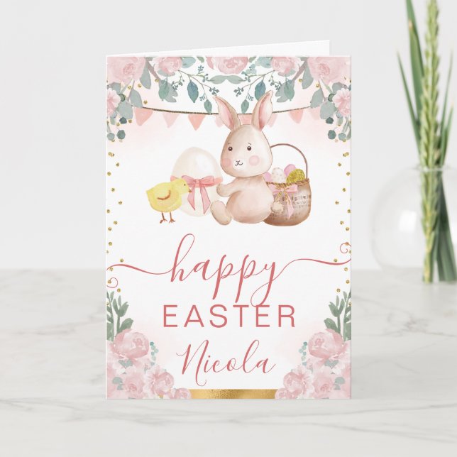 Tarjeta Conejo de Acuarela y Flores Feliz Pascua (Anverso)