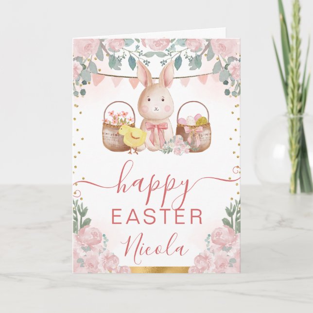 Tarjeta Conejo de Acuarela y Flores Feliz Pascua (Anverso)