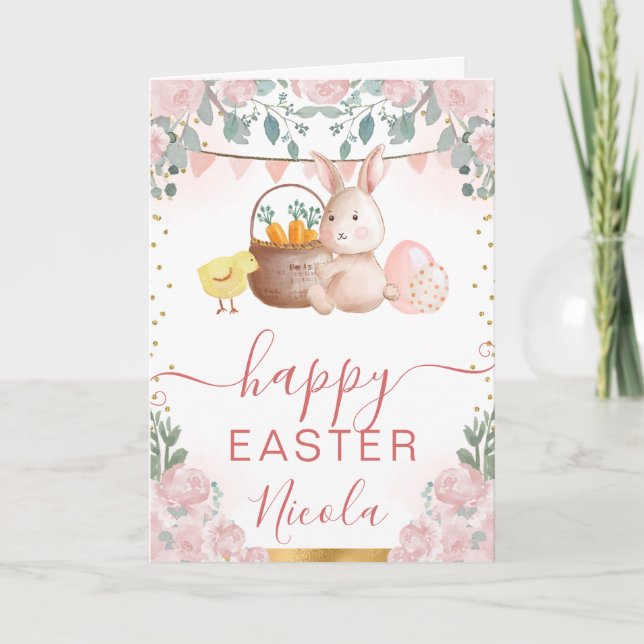 Tarjeta Conejo de Acuarela y Flores Feliz Pascua (Anverso)