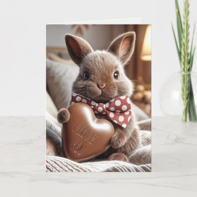Tarjeta Conejo de Aniversario con Corazón de Chocolate (Anverso)