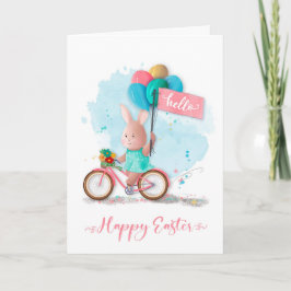 Tarjeta Conejo de bicicleta de Pascua con pancarta y globo