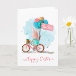 Tarjeta Conejo de bicicleta de Pascua con pancarta y globo