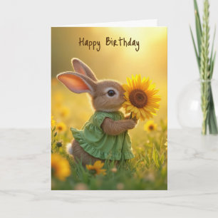 Tarjeta Conejo de cumpleaños con un girasol amarillo