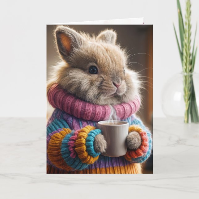 Tarjeta Conejo de cumpleaños sosteniendo una taza de café (Anverso)