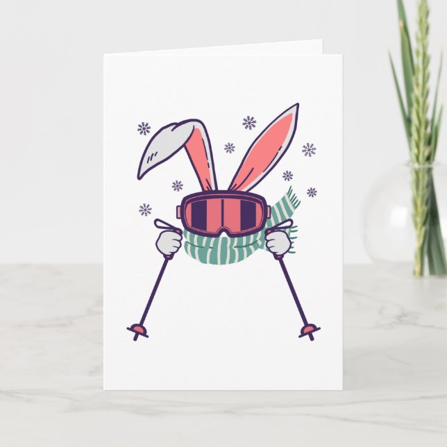 Tarjeta Conejo de esquí con polos de esquí, gafas de esquí (Anverso)