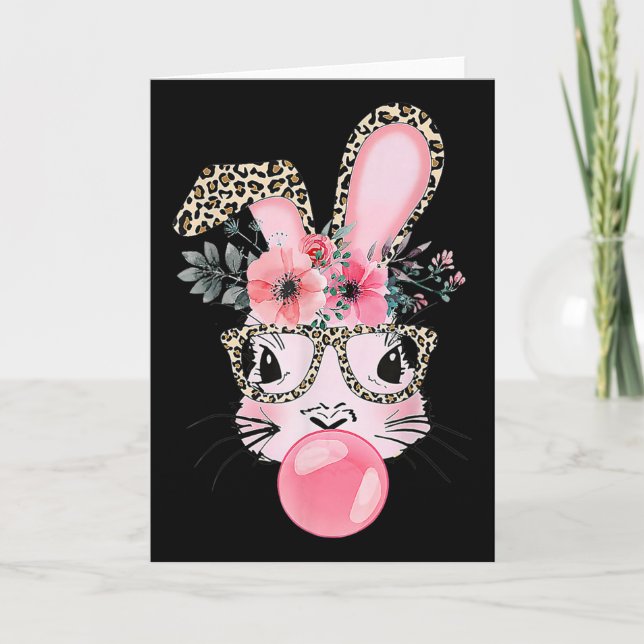 Tarjeta Conejo de estampado de leopardo soplando chicle Es (Anverso)