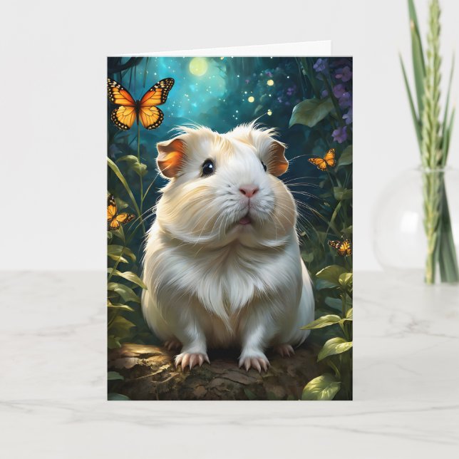 Tarjeta Conejo de Guinea Adorable en Bosque con Mariposa e (Anverso)