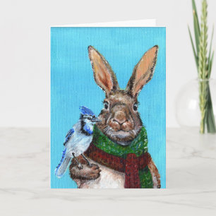 Tarjeta Conejo de invierno con arrendajo azul