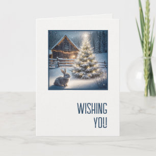 Tarjeta Conejo de Navidad con árbol y granero brillantes