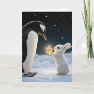 Tarjeta Conejo de Navidad y pingüino con estrella de neón