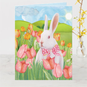 Tarjeta Conejo de Pascua Alegre con Tulipanes Rosados