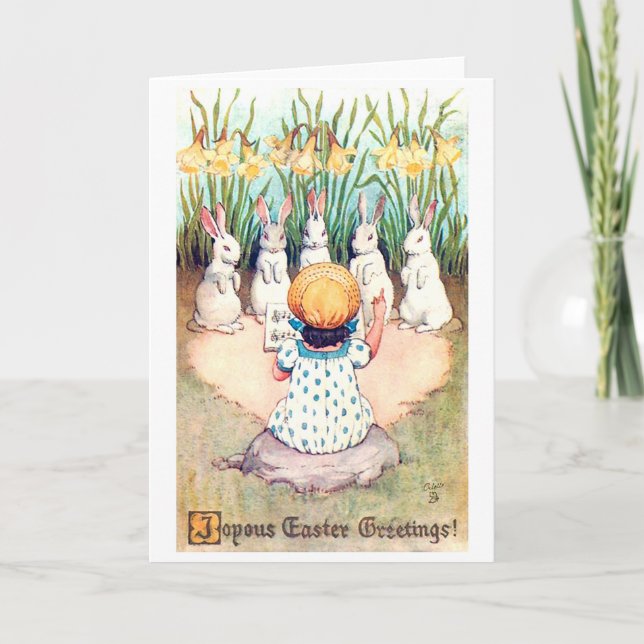 Tarjeta Conejo de Pascua antiguo con niña (Anverso)