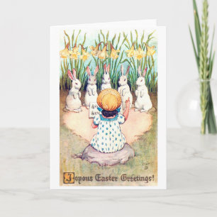Tarjeta Conejo de Pascua antiguo con niña