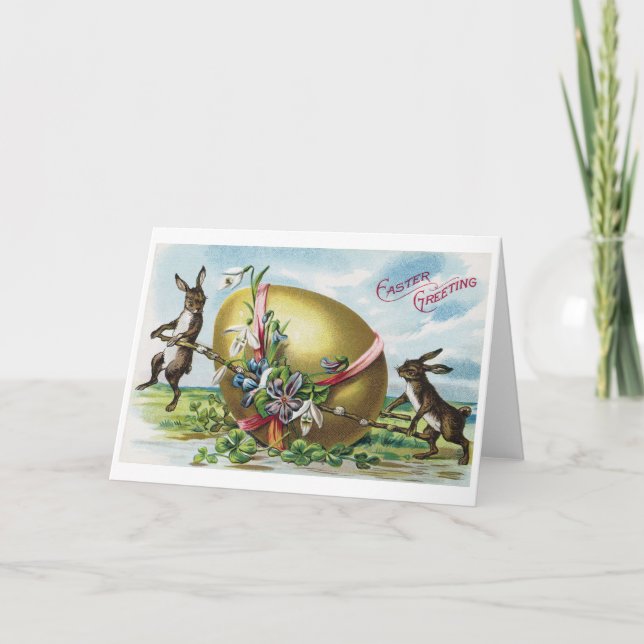 Tarjeta Conejo de Pascua antiguo y huevo decorado grande (Anverso)