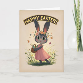 Tarjeta Conejo de Pascua bailando con vestido rosa 
