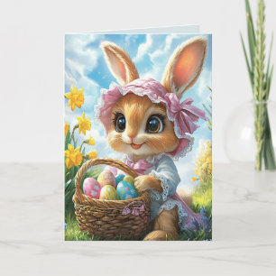 Tarjeta Conejo de Pascua Bonete Rosa Cesta Huevos