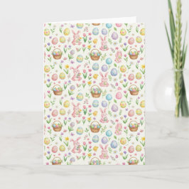 Tarjeta Conejo de Pascua caprichoso pastel y patrón floral