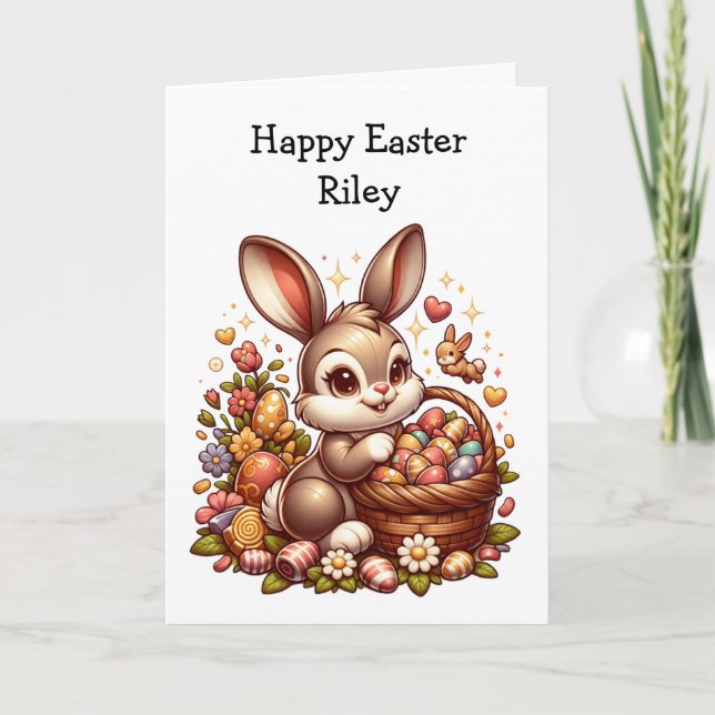 Tarjeta Conejo de Pascua, cesta y huevos (Anverso)