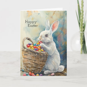 Tarjeta conejo de Pascua come jelly beans acuarela