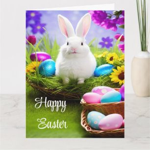 Tarjeta Conejo de Pascua con cesta de huevos de Pascua