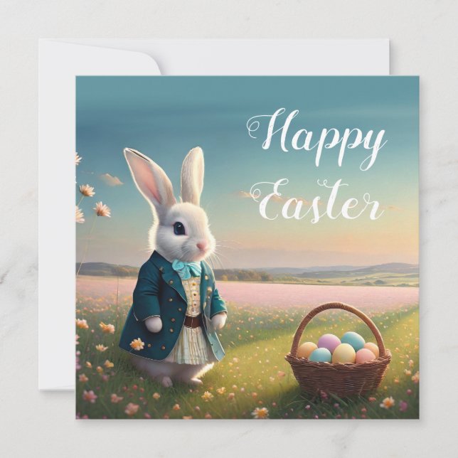 Tarjeta Conejo de Pascua con chaqueta azul (Anverso)