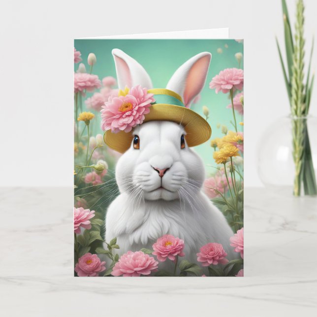 Tarjeta Conejo de Pascua con sombrero de primavera (Anverso)
