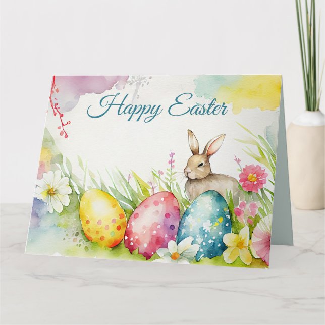 Tarjeta Conejo de Pascua con tres huevos de Pascua (Anverso)