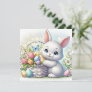 Tarjeta Conejo de Pascua con tulipanes y cesta de huevos d