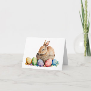 Tarjeta Conejo de Pascua con un saludo en blanco de huevos