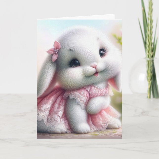 Tarjeta Conejo De Pascua Con Vestido De Ropa Rosa (Anverso)