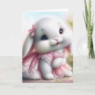 Tarjeta Conejo De Pascua Con Vestido De Ropa Rosa