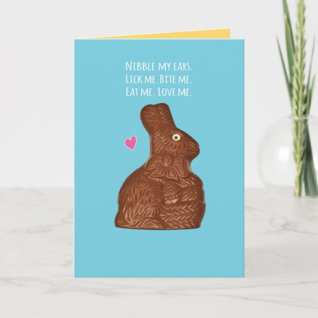 Tarjeta Conejo de Pascua de Chocolate - Lámame, Come, Ama (Anverso)