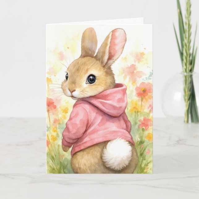 Tarjeta Conejo de Pascua de la nieta con capucha rosa (Anverso)