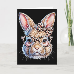 Tarjeta Conejo de Pascua de mujer con lazo de leopardo y c